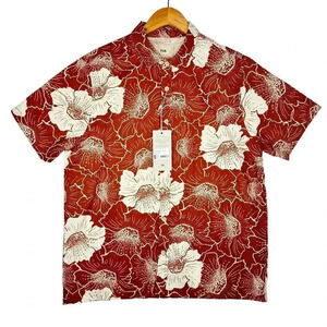 NWT Folk Maui Linen Short Sleeve Camp Rust Orange Floral Shirt Size L Hawaiian